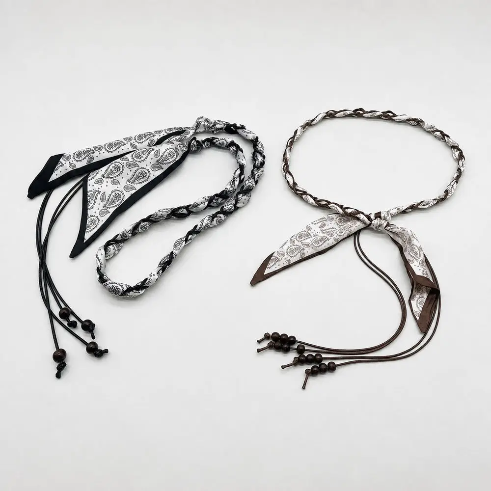 Vintage Paisley Scarf Cord Waist Chain Women Braided Tie Belt Black White Coffee Cream Dress Jeans Trousers Fashion Accessory