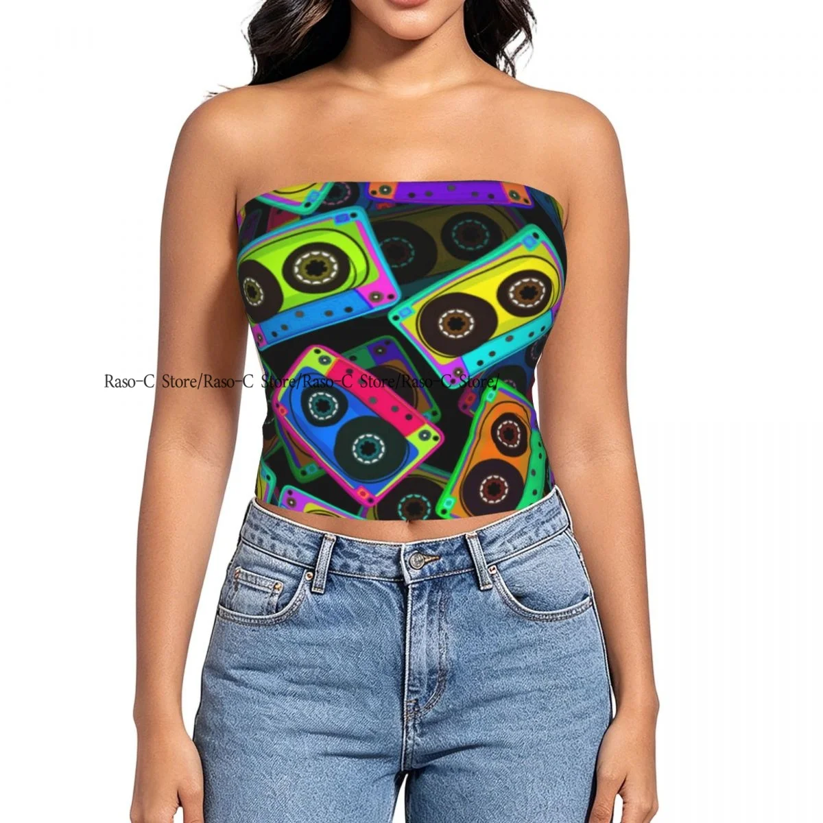 Women's strapless halter top Audio Cassettes Background summer sexy short-sleeved top