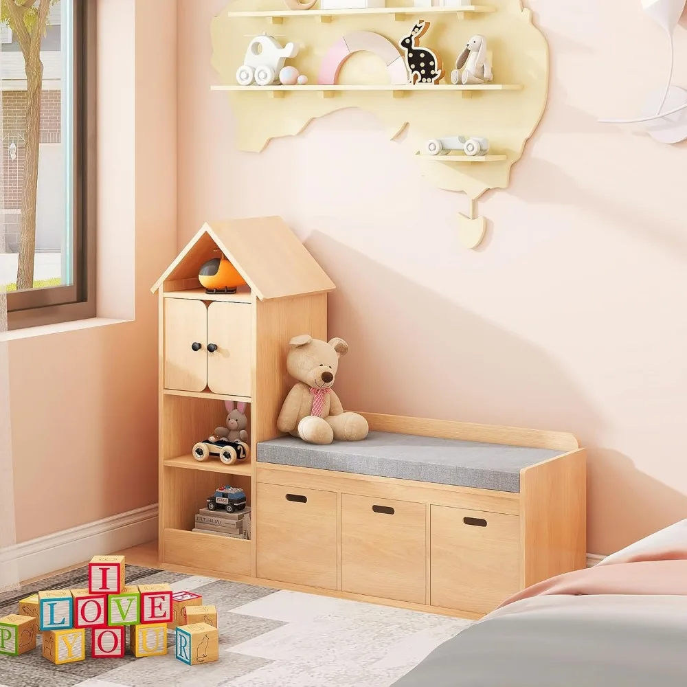 Bibliothèque et Étagère pour Enfants avec Coin de Lecture, Bibliothèque avec 3 Cubbies de Rangement Ouverts et 3 Aères de Proximité, Bibliothèque avec Coussin de Siège