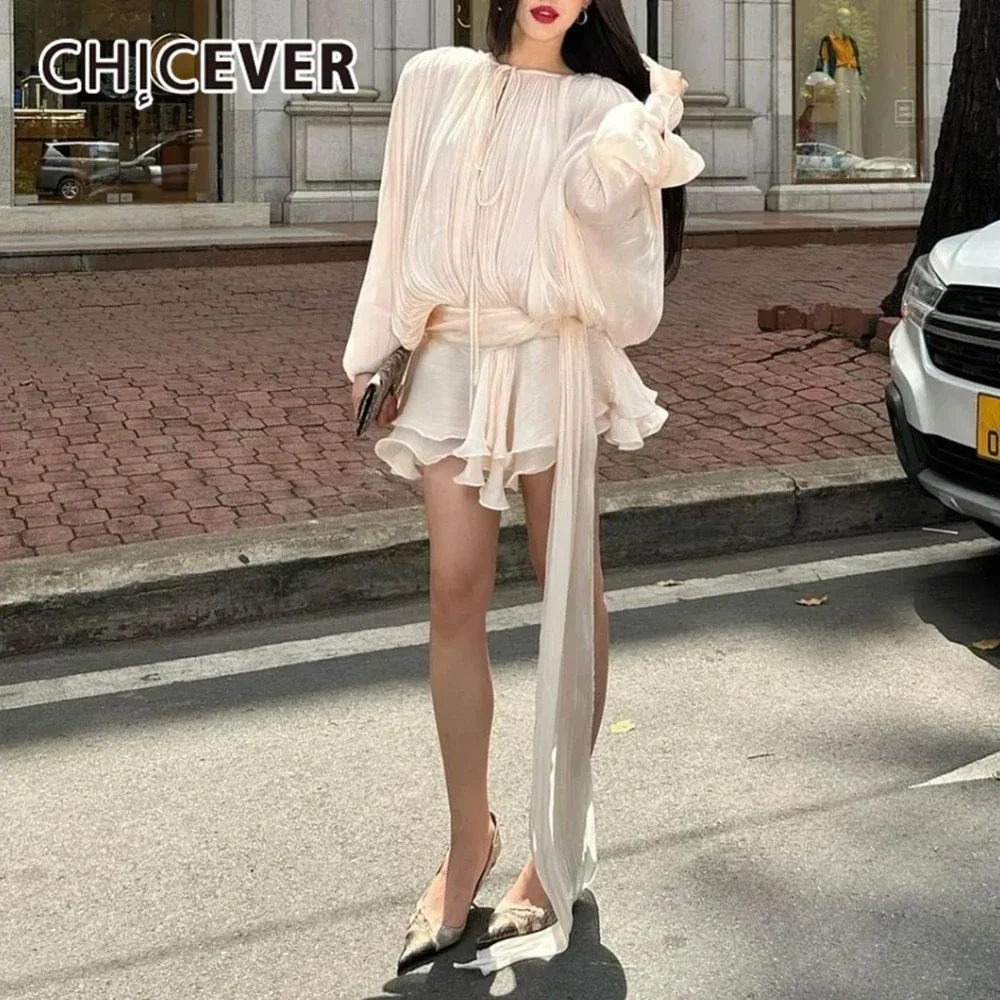 

CHICEVER High Street Spliced Lace Up Folds Dress for Women O Neck Long Sleeve Tunic Temperament Mini Dresses with Ruffles Female