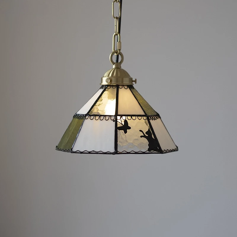 American Cat Chasing Butterfly Pattern Glass Pendant Light Retro Creative Bedsides Restaurant Copper Artistic Hanging Chandelier