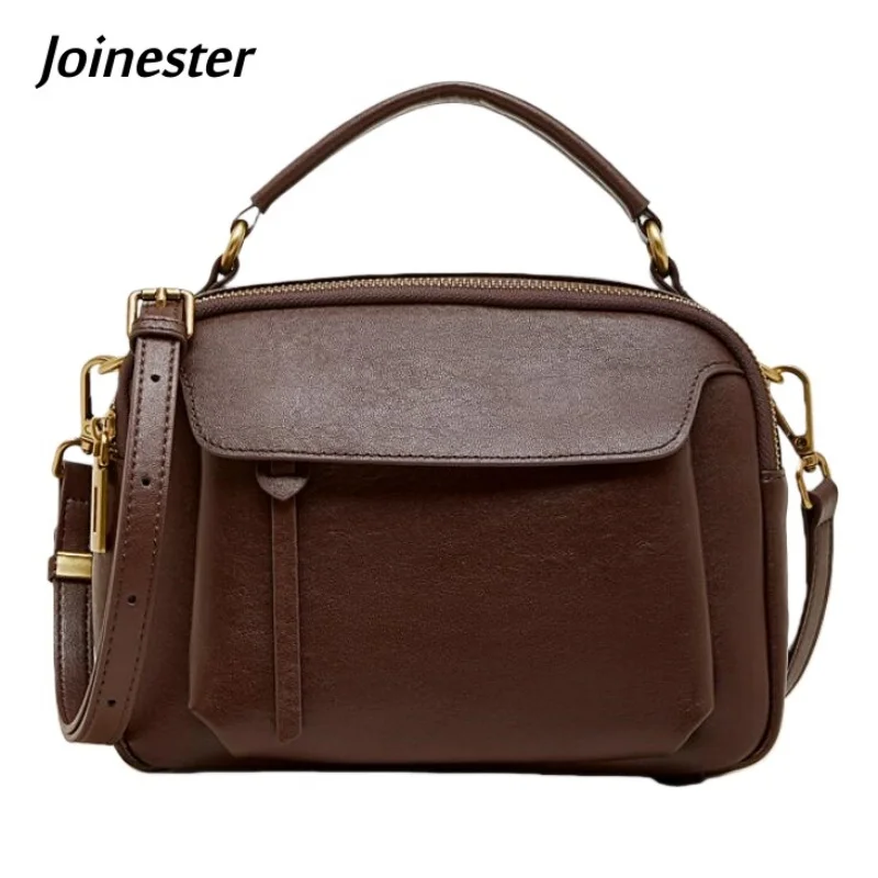 Genuine Leather Pure Color Handbag for Women Vegetable-Tanned Cowhide Functional Messenger Bags Leisure Shoulder Satchel Bag