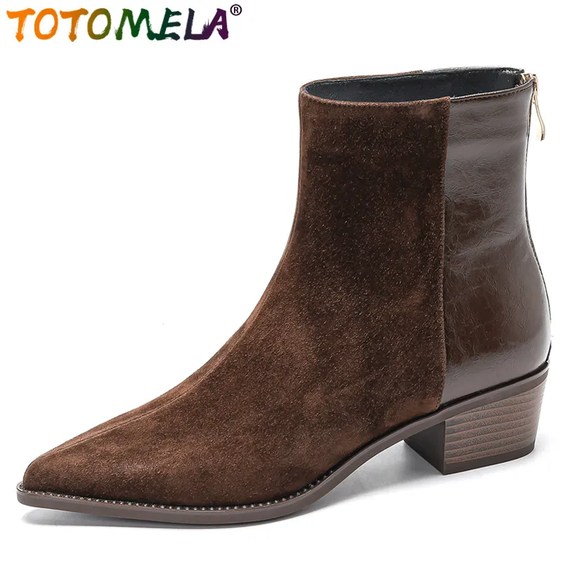 

TOTOMELA 2024 New Retro Pointed Toe Ladies Zipper Ankle Boots Kid Suede Leather Winter Boots Women Square Med Heels Dress Shoes