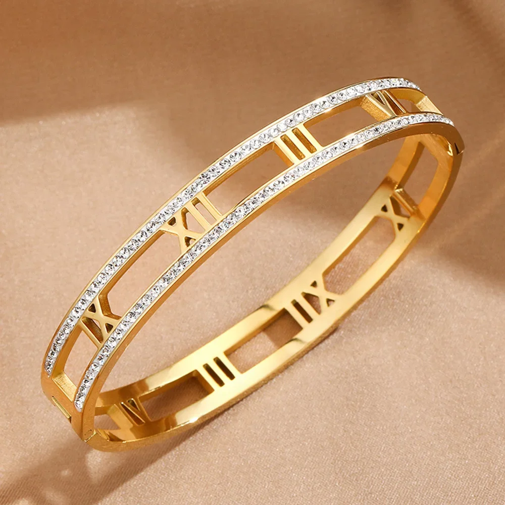 Luxe Kristal Holle Romeinse Cijfer Armbanden Voor Vrouwen Mannen Rvs Unisex Bangle Mode Klassieke Sieraden Accessoires