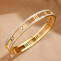 Luxury Crystal Hollow Roman Numeral Bracelets For Women Men Stainless Steel Unisex Bangle Fashion Classic Jewelry Accessories