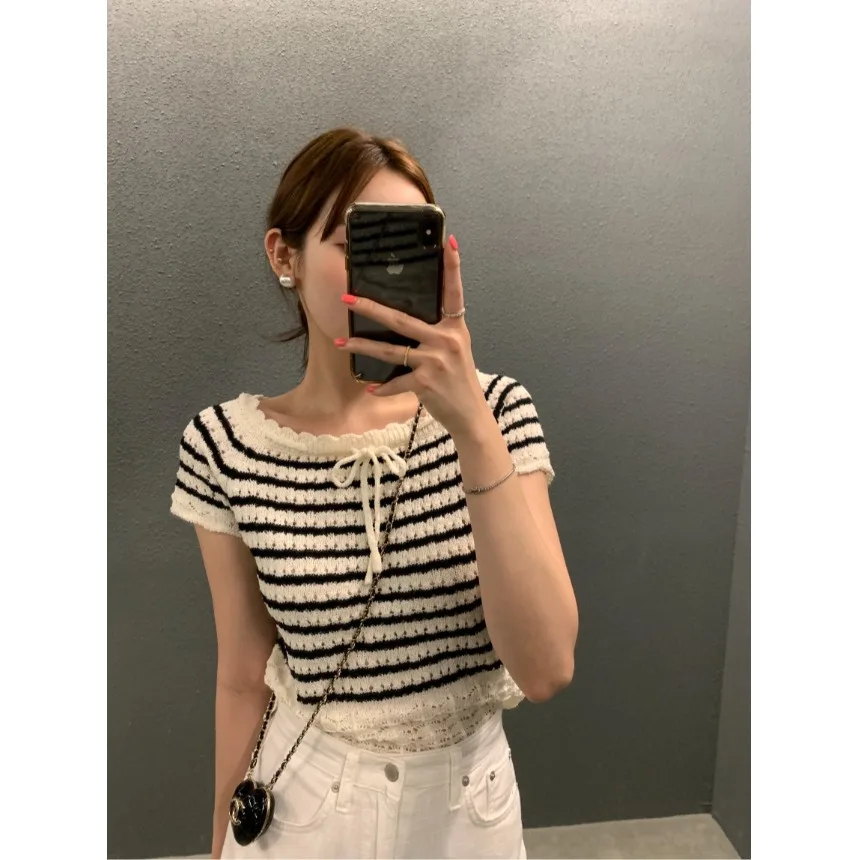 Chic gola de renda oco para fora ort sve malha topo feminino fino verão emagrecimento versátil ort listra na moda coreano sle