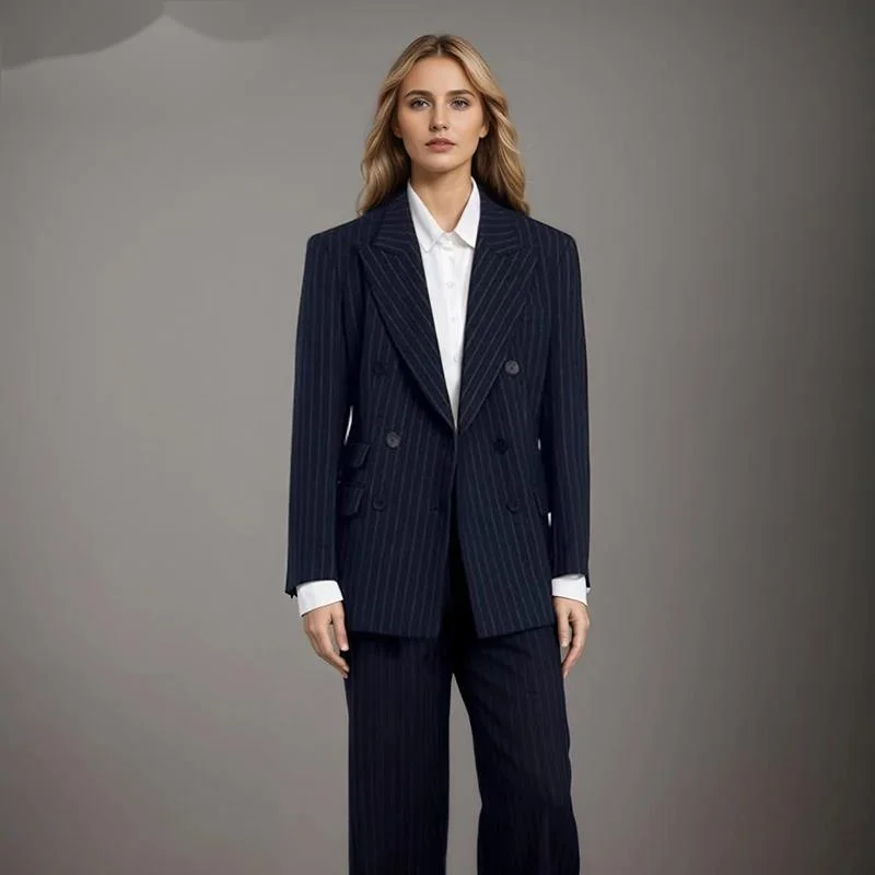 

Fashion Navy Blue Striped Blazer Women's Long Sleeves Double Breasted Slim Fit Suit Jacket New 7A2ZLR