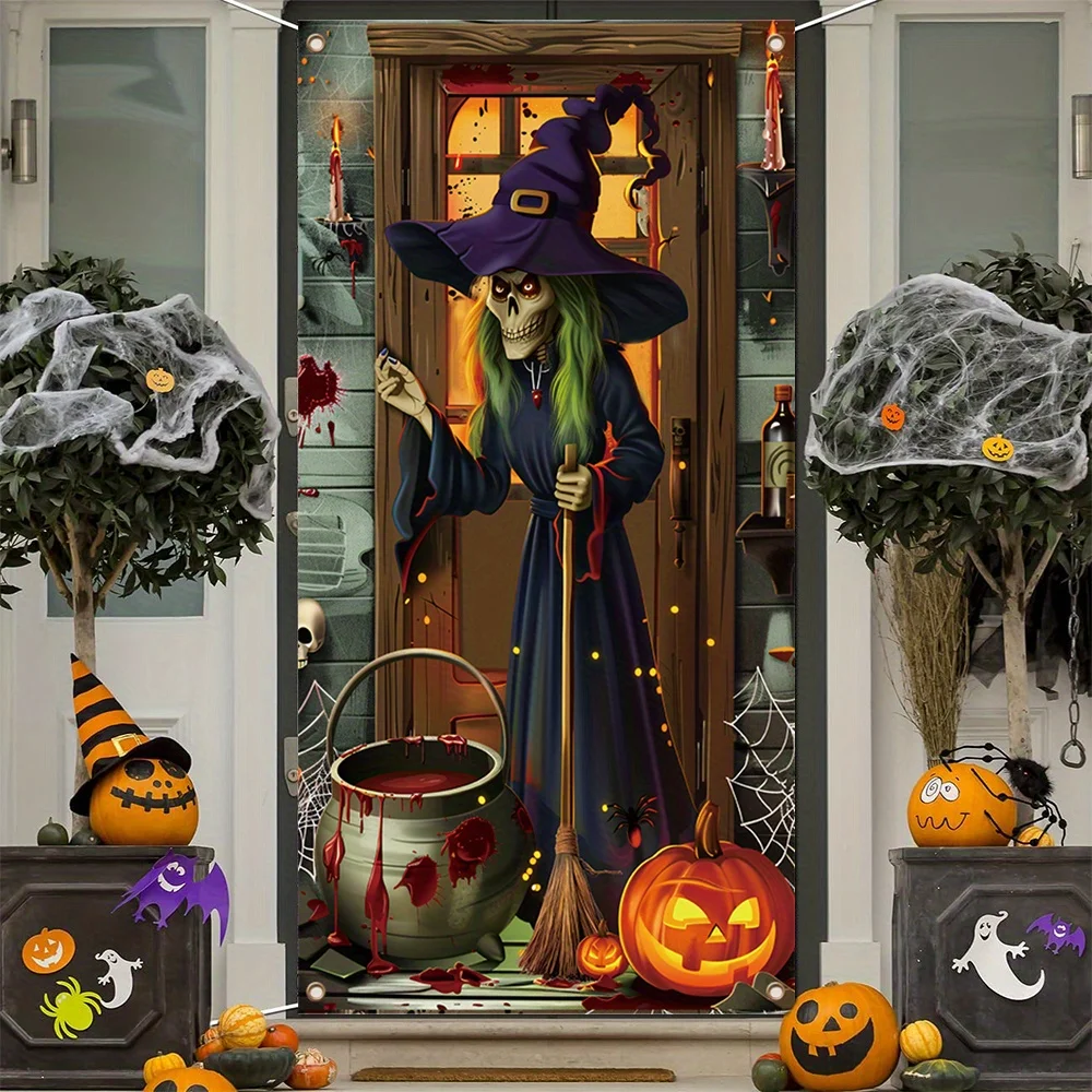 VIKAMA Halloween-Türdekoration, Hexentür-Abdeckung, Fotohintergrund für Halloween-Party, zum Aufhängen, für drinnen und draußen