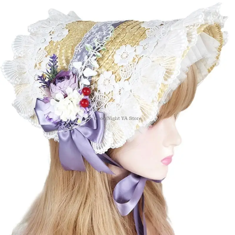 Handmade Pastoral Bonnet Straw Hat Sweet Ruffled Lace Trimming Ribbon Elegant Tea Party Cosplay untuk Sun