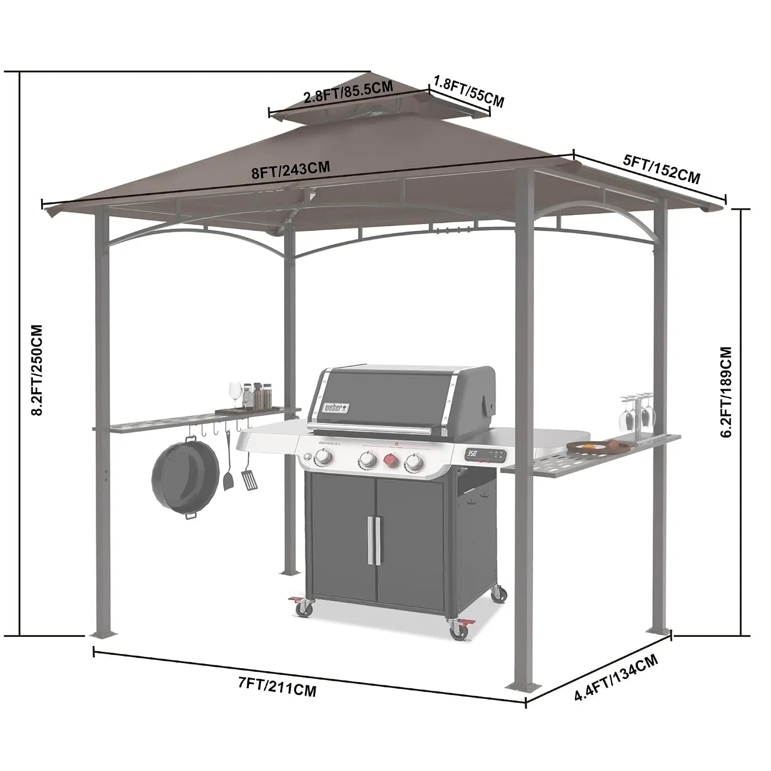 8x5 Grill Gazebo Steel Frame Double-Tiered Vented Top Rustproof Fabric UV50+ 2 Shelves 6 Hooks 2 LED Lights, Customized