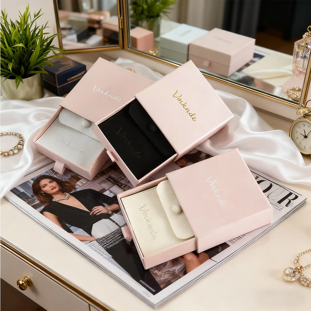 

Personalization Logo Jewelry Accessories Packaging Cardboard Drawer Sliding Box Snap Bag Engagement Wedding Party Gift Ring Case