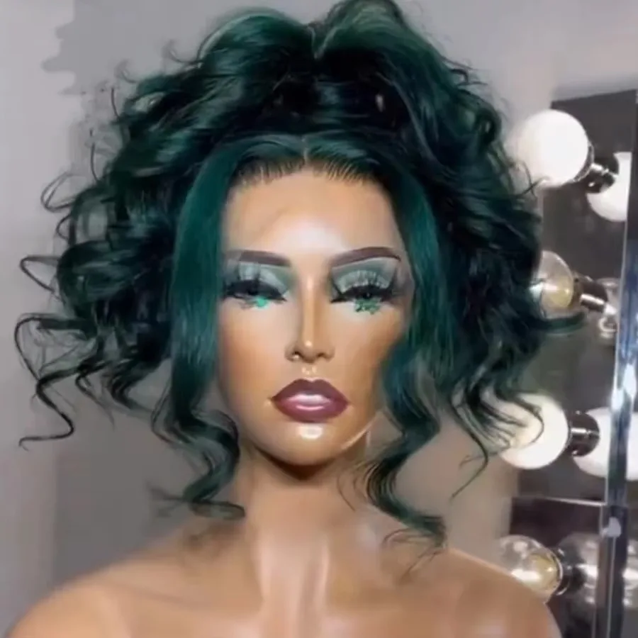Dark Green Straight 13x4 Synthetic HD Lace Front Wig Glueless Wear To Go Prepluck Medium Part Women Party Cosplay Halloween Use