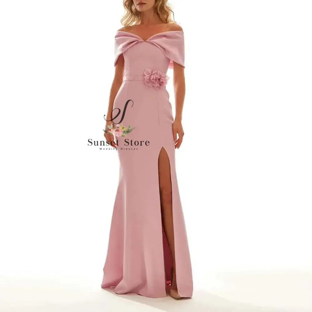 Customized Off the Shoulder Evening Dresses with Slit 3D Flower Mermaid Wedding Guest Gown Cap Sleeve Mother of the Bride Dess