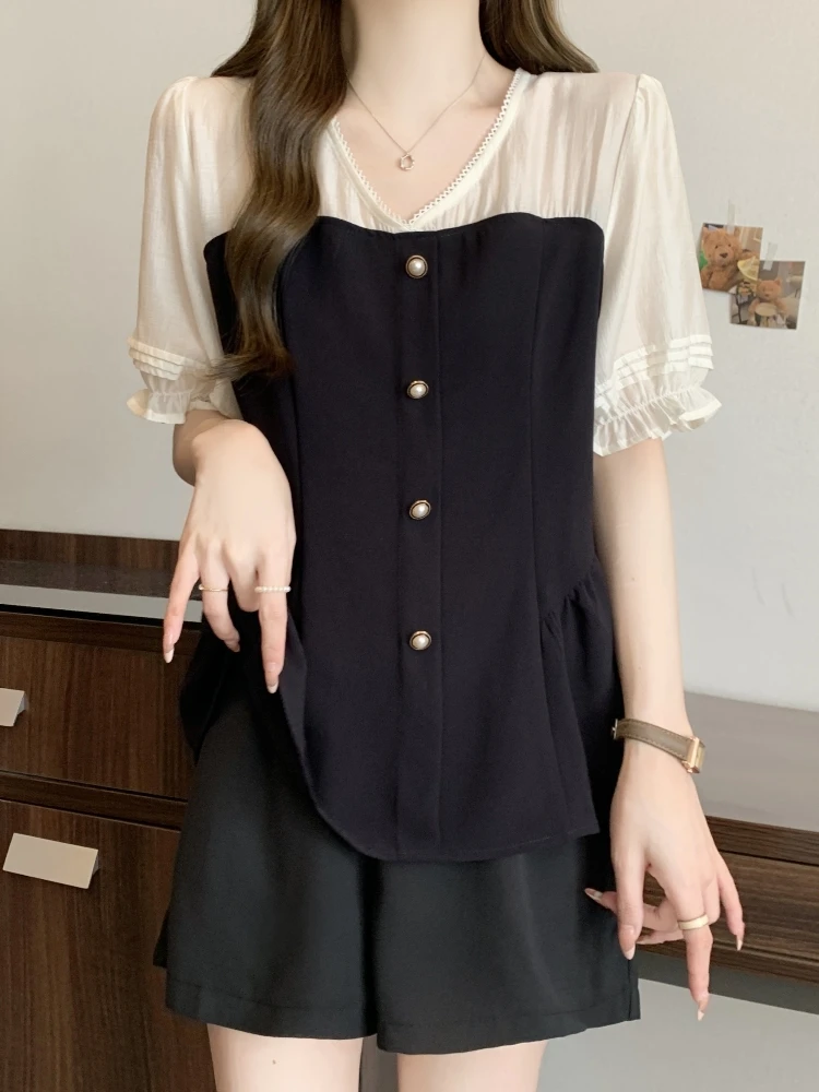 

Slimming Short Sleeve V-Neck Chiffon Camisole Women's Summer Fashion plus Size Cover Stomach High-End Feeling Beautiful Top