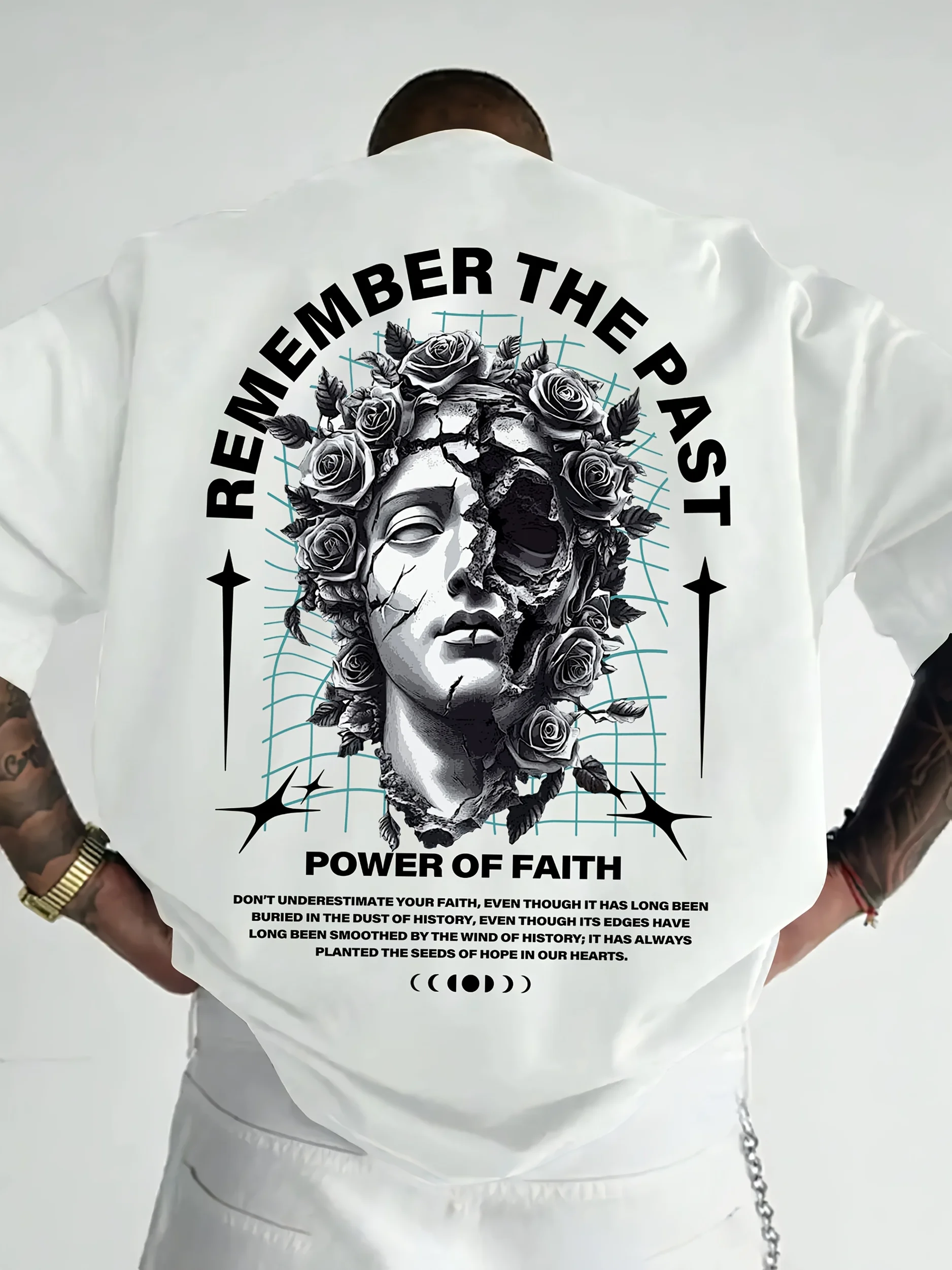 Men’s casual sportswear, urban street style, Y2K-inspired, retro, broken plaster figurine pattern printed T-shirt.