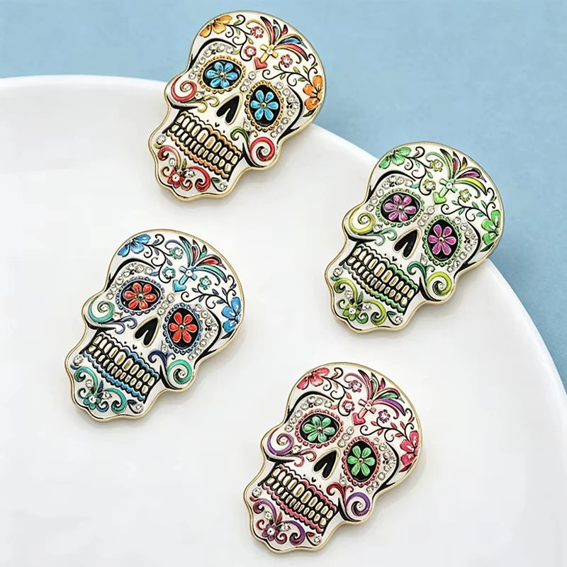Jardme Colorful Skull Brooches For Women Men Mexican Day Of The Dead Floral Pattern Skeleton Party Casual Brooch Pin Gifts