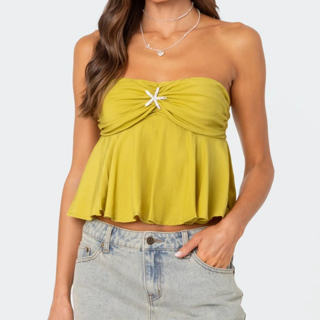 女性のメタルクリスタルアップリケ夏チューブトップ無地ストラップレスシャーリングバンドゥヒトデ装飾ベストビーチワーク用