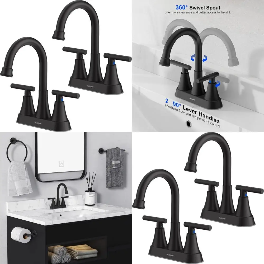 2 عبوة من صنبور حوض الحمام المكون من 4 فتحات باللون الأسود غير اللامع مع استنزاف منبثق وخرطمان، مجموعة مركزية من الفولاذ المقاوم للصدأ خالية من الرصاص للزينة أ #1