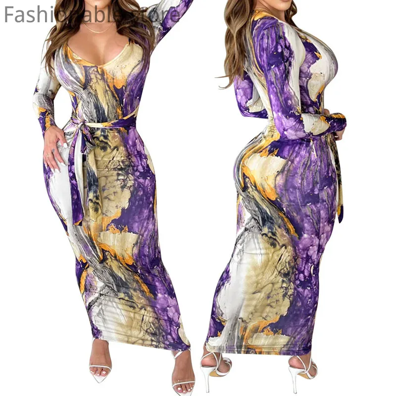 Print V-Neck Tied Waist Long Sleeve Maxi Dress