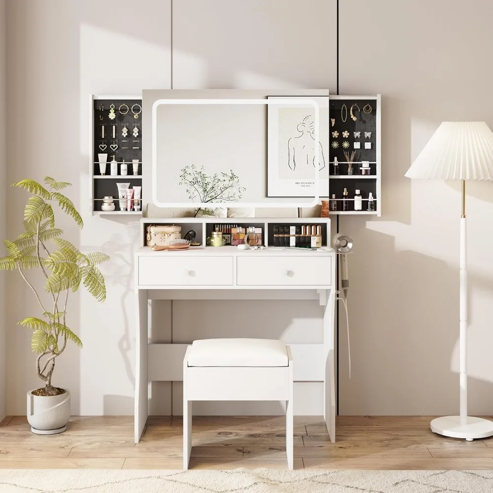 Makeup Desk with Mirror and Lights, White Dressing with Charging Station & Chair, Vanity Desk with Sliding Jewelry Storage Shelv