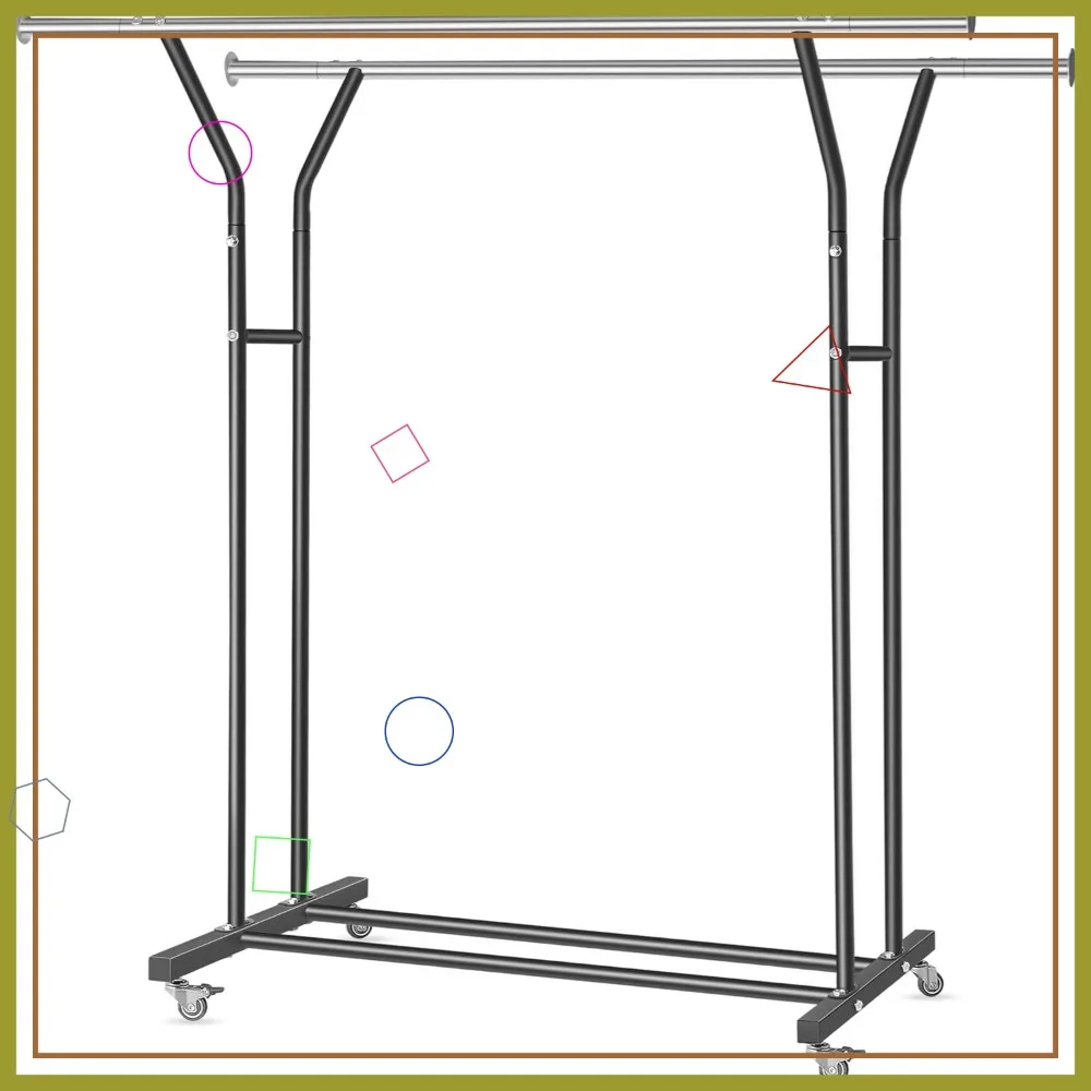 

Heavy Duty Clothes Rack with Wheels & Bottom Shelf, 52.36'' Metal Double Hanging Rod for Coats, Shirts, Dresses, Black