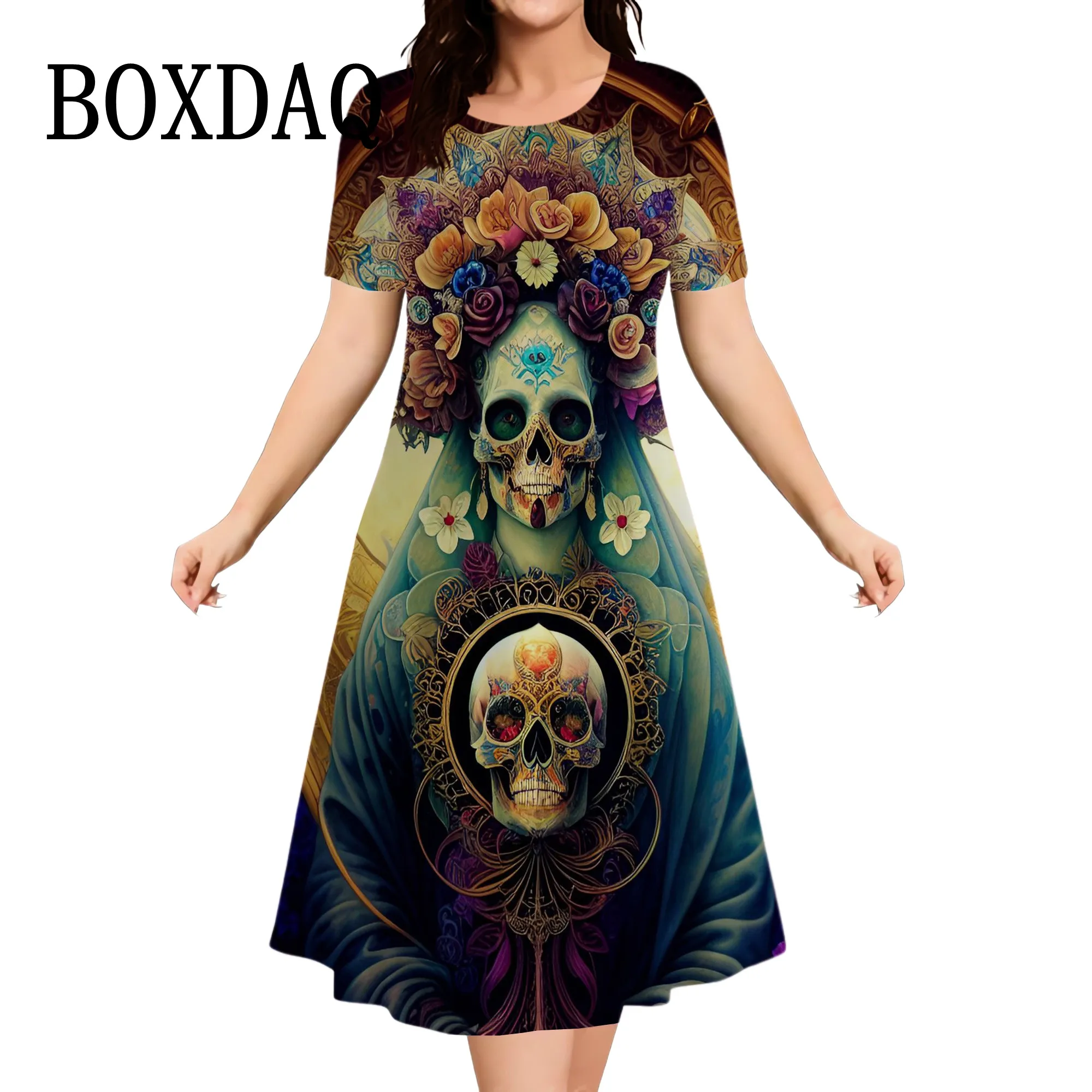 فستان نسائي عتيق على شكل جمجمة موضة 2024 فستان غير رسمي بأكمام قصيرة ورقبة دائرية بلوفر صيفي للسيدات ملابس هاراجوكو بانك ملابس الشارع الشهير