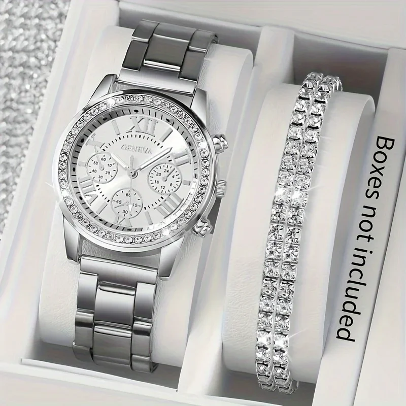 3pcs/set Women's Luxury Rhinestone Quartz Watch Shiny Fashion Analog Wrist Watch & Bracelets, Gift For Mom Her