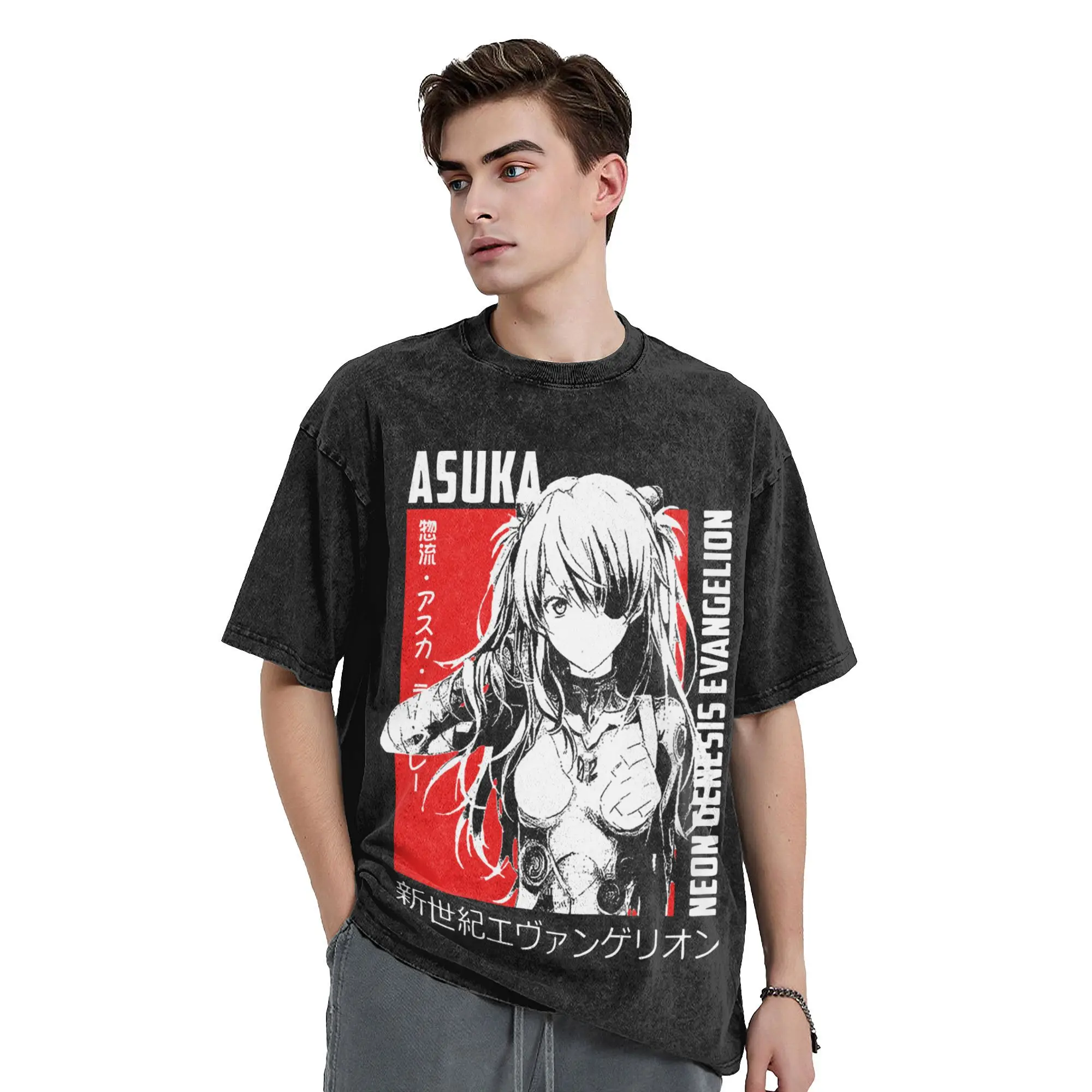 Asuka Langley Vintage Washed T Shirt Men's 100%Cotton Tops Vintage Rei Eva  Anime Japan Manga Crewneck Short Sleeve