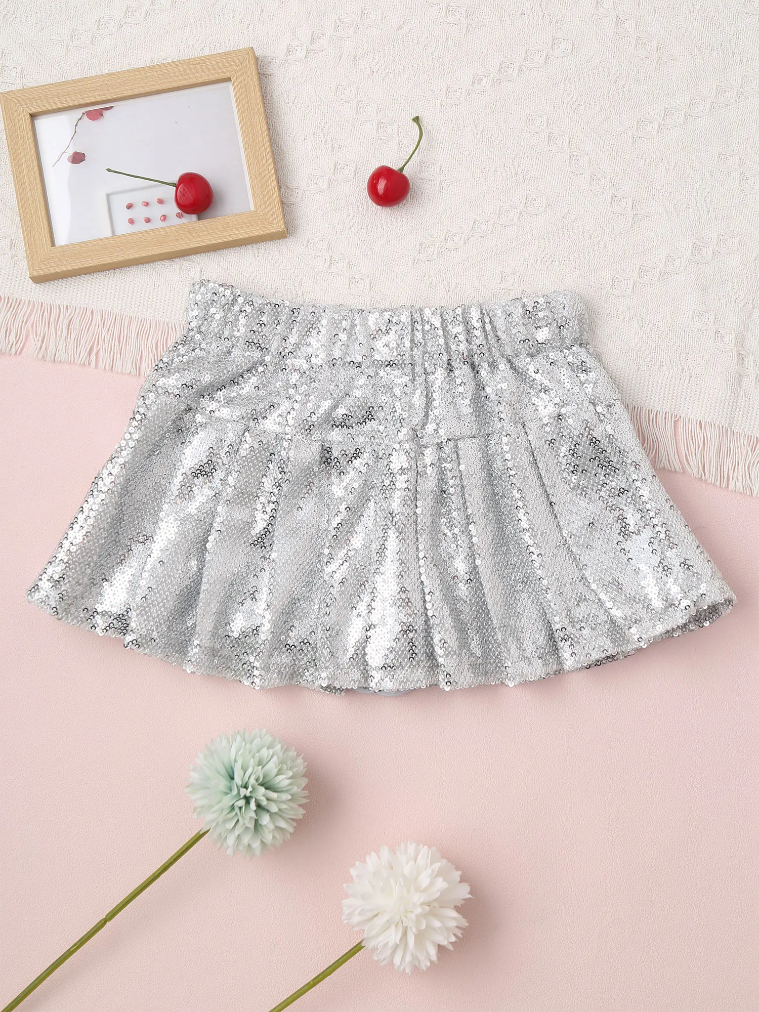 Kids Girls Shiny Sequins A-line Pleated Skirt Elastic Waistband Fashion Culottes for Cheerleading Jazz Dance School Daily Wear