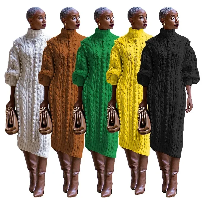 

Solid Braid Knitted Casual Long Dress Women Autumn Winter Turtleneck Long Sleeve Side Split Fashion Sweater Dresses Streetwear