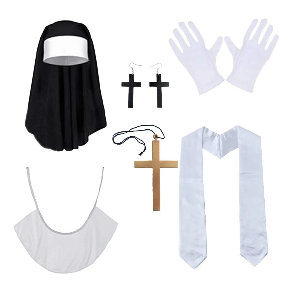 PESENAR Kit de Accesorios de Disfraz de Monja Religiosa, Velo de Monja, Joyería con Cruz, Guantes Blancos, Estola y Camisola para Cosplay de Iglesia y Fiestas Temáticas