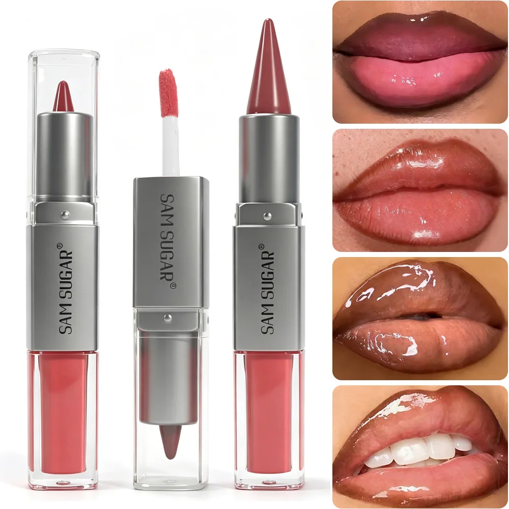 2 in 1 Lip Liner & Lip Gloss, Dual Ended Hydrating Non Stick Lipstick, Matte Velvet Outline Crayon with Shiny Plumping Lip Glaze