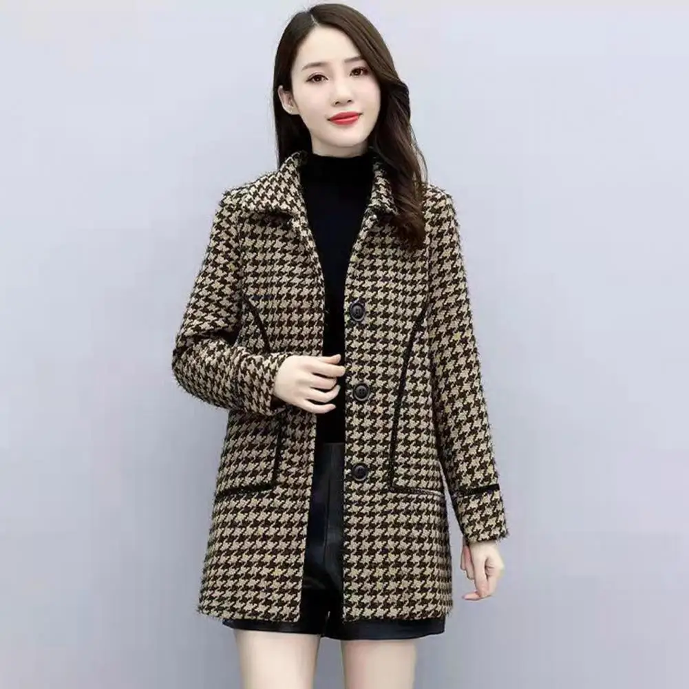 Women Loose Overcoat Elegant Herringbone Print Women's Winter Coat with Turn-down Collar Pockets Thick Warm Mid Length for Fall