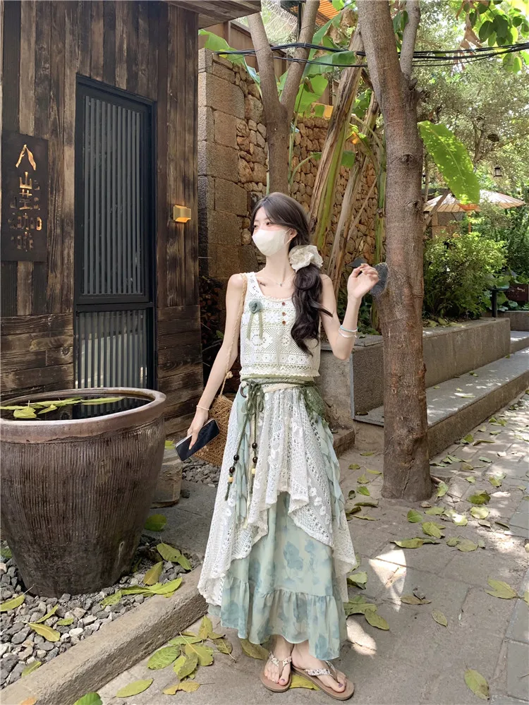 

Лето 2022, корейский комплект с кружевной праздничной юбкой и кружевом, пляжный комплект f-длины Dr Young Women Faion Ensemble