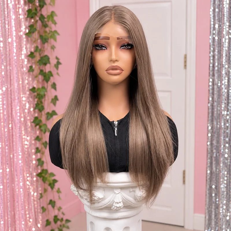 13x6 Lace Front Wig for Women Long Straight Ash Brown Futura Synthetic Hair Center Part Free Parting Adjustable Full Cap
