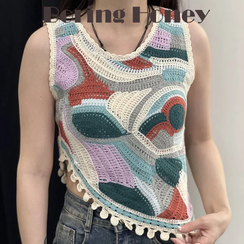 

Boring Honey Irregular Summer Travel Seaside Crochet T-Shirt Sweet Spring Vest Short Sleeve Fashion Flower Pattern Knitting Tops