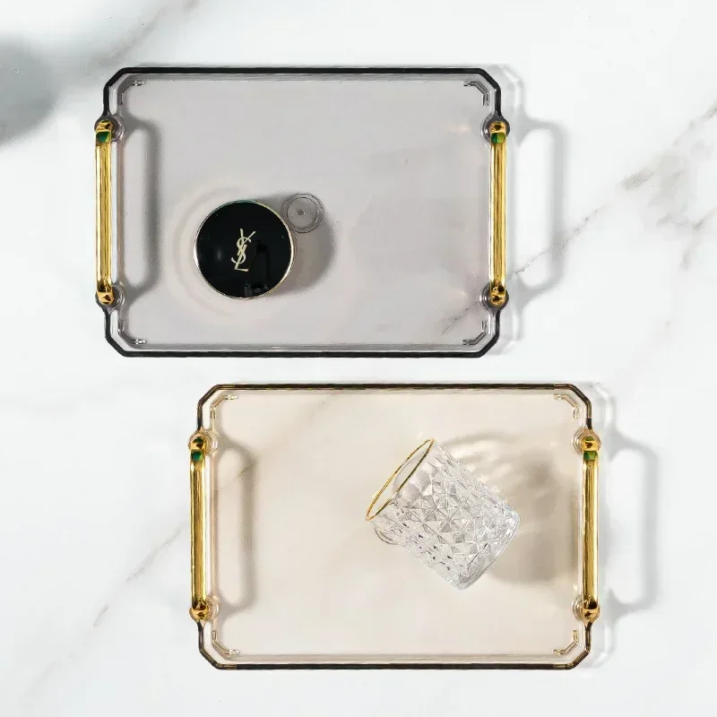 Luxury Rectangular Tray Gold Handle Storage Tray Cosmetic Water Cup Fruit Storage Decorative Container Home Kitchen Supplies