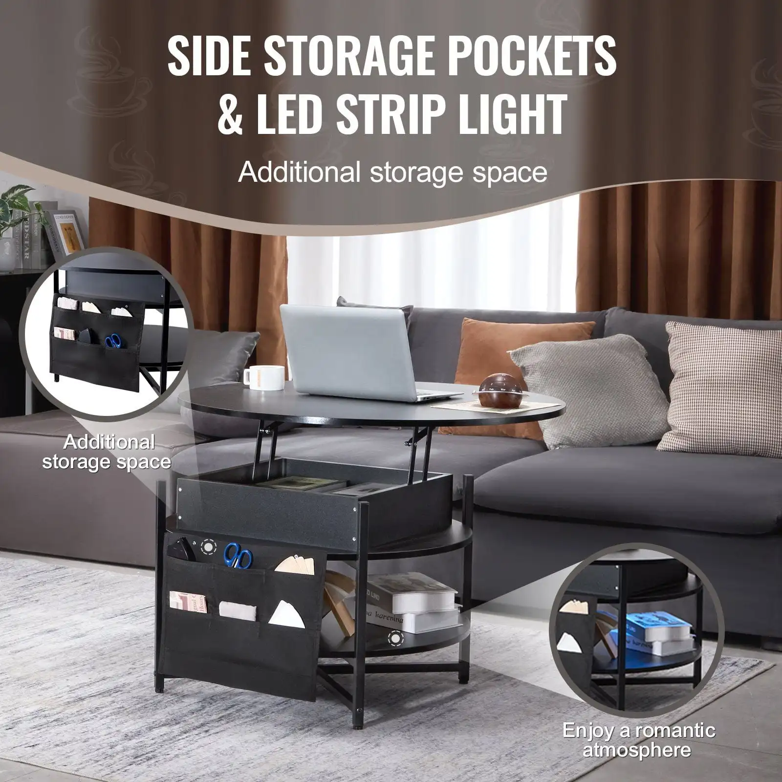 Lift Top Coffee Table 35.3" Round Coffee Table for Living Room Black