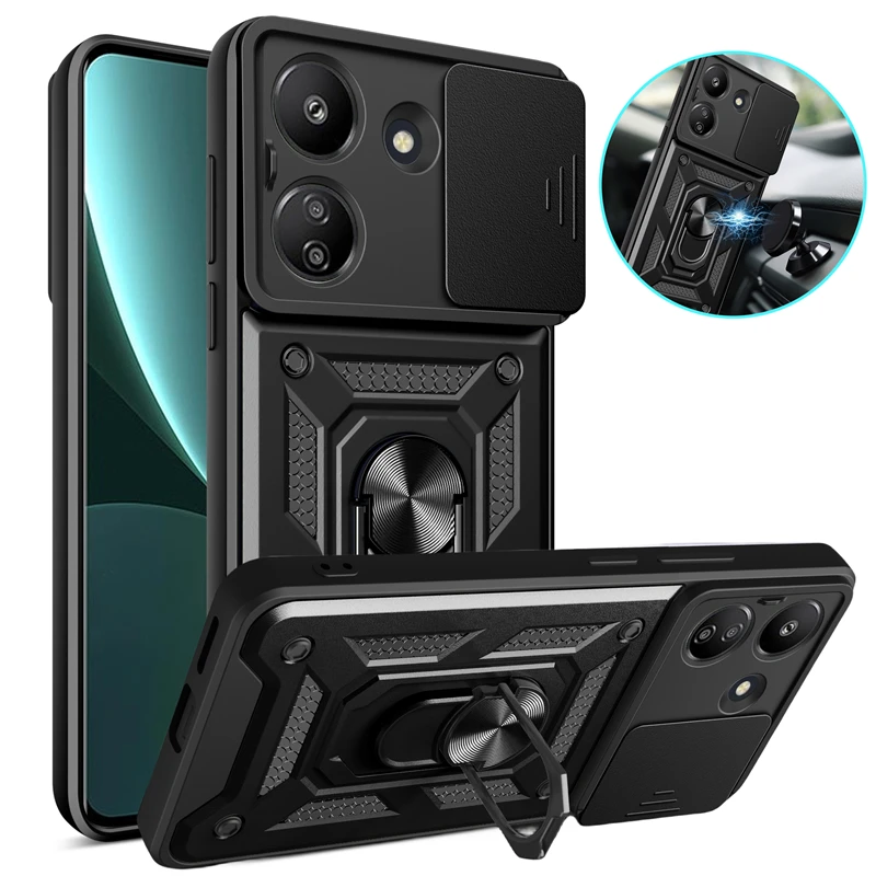 For Xiaomi Redmi 13C 4G Case Ring Holder Magnetic Phone Case For Xiaomi Redmi 13C 13 C Redmi13C Slide Camera Protect Back Cover