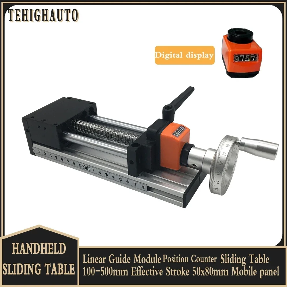 Linear Guide Module Position Counter Sliding Table Hand wheel Manual 100-300mm Effective Stroke 50x80mmMobile Panel Motion Stage