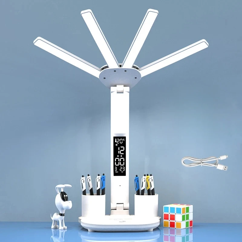 

Регулируемый светильник с четырьмя головками, складная перезаряжаемая настольная лампа для учебы, светодиодная настольная лампа для чтения, светодиодная лампа для чтения с дисплеем часов