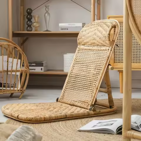 Portable Folding Rattan Beach Chair - Bamboo Frame, Suitable for Lawn, Pool Deck &amp; Camping, Sun Lounger