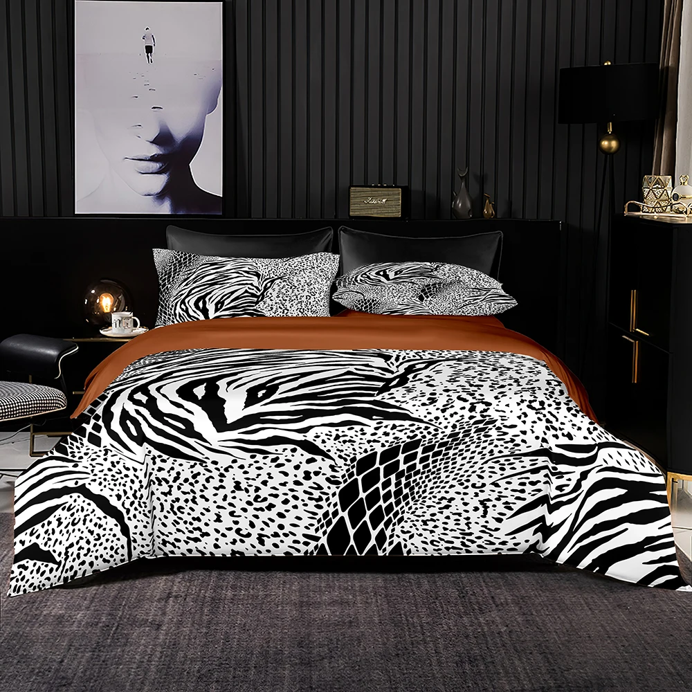 Abstract Style Duvet Cover 200x200 With Pillowcase,240x220 Quilt Cover,Black And White Leopard Pattern Bedding Set,Bed Sheet Set