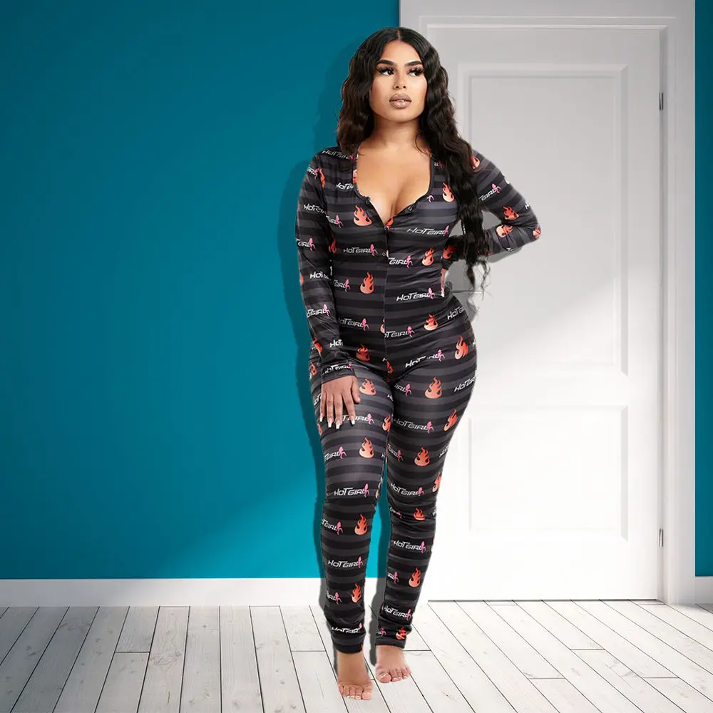 Onesie Vrouwen Mode Liefde Hart Print Button Vrouwen Jumpsuit Sexy V-hals Winter Lange Mouw Pijamas Valentijnsdag Gift Nachtkleding