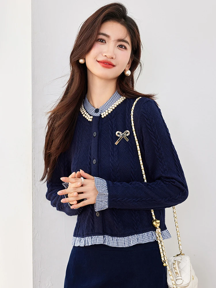 Women Clothes Fake Two Pieces Knitted Cardigan Autumn New Vintage Preppy Style Chic Casual Tops Female Simple Sweater