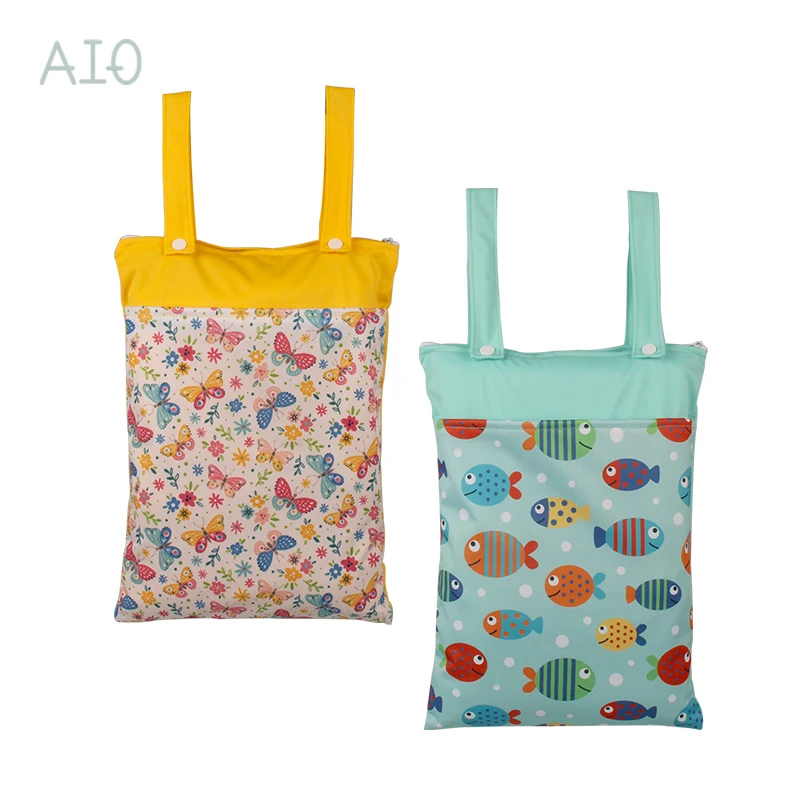 AIO 1Pcs Reusable Cloth Diaper 3D Wet Bag Waterproof Reusable Double Pocket Makeup Bags PUL Travel Cosmetic Bag Diaper Bag