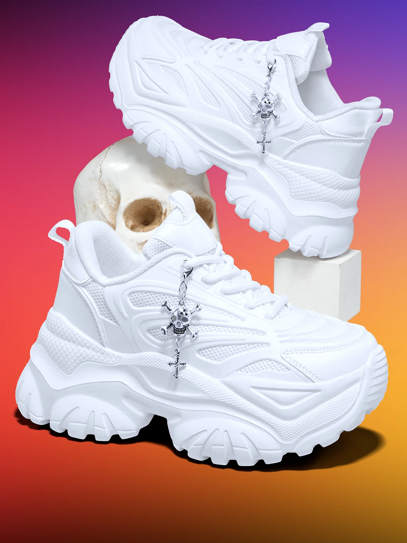 Women's Outdoor Four-Season Fashion Dad Shoes, EVA Lightweight Thick Sole, 7CM Height Increase, White Sneakers, Paired with Halloween Punk Style Detachable Silver Cross Skull Pendant, Versatile for Daily Commuting and Fitness view 6