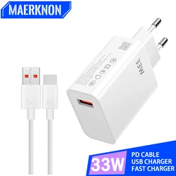 USB Charger 33W Fast Charging Mobile Phone Adapter For iPhone 15 14 Samsung Xiaomi Huawei Quick Charger 3.0 6A Type C Cable