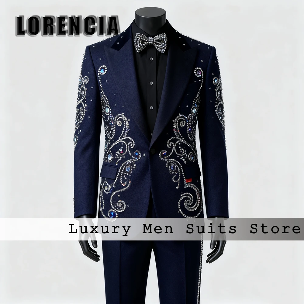 

Elegant Jewelry Suits for Male 2 Pieces Glitter Crystal Tuxedos Set Evening Party Outfit Customized Blazer Pants costumes homme