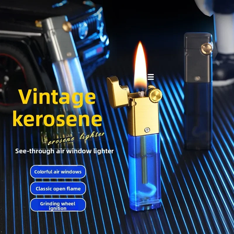Ultra-Thin Portable Metal Kerosenes Lighter with Transparent Fuel Tank Windproof Grinding Wheel Smoking Accessory Gift